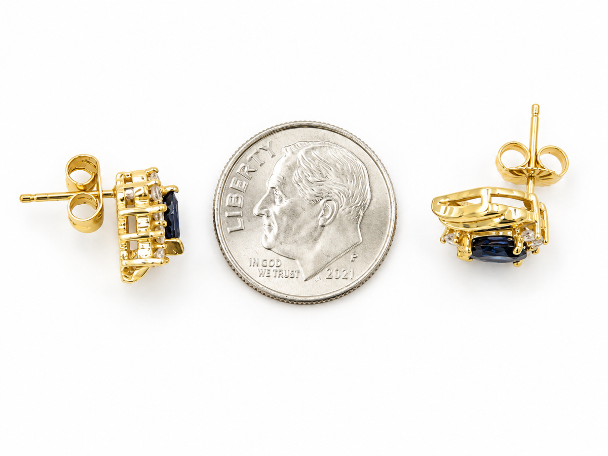 Estate 14k Yellow Gold Diamond & Sapphire Gemstone Earrings shown with a US dime for scale.