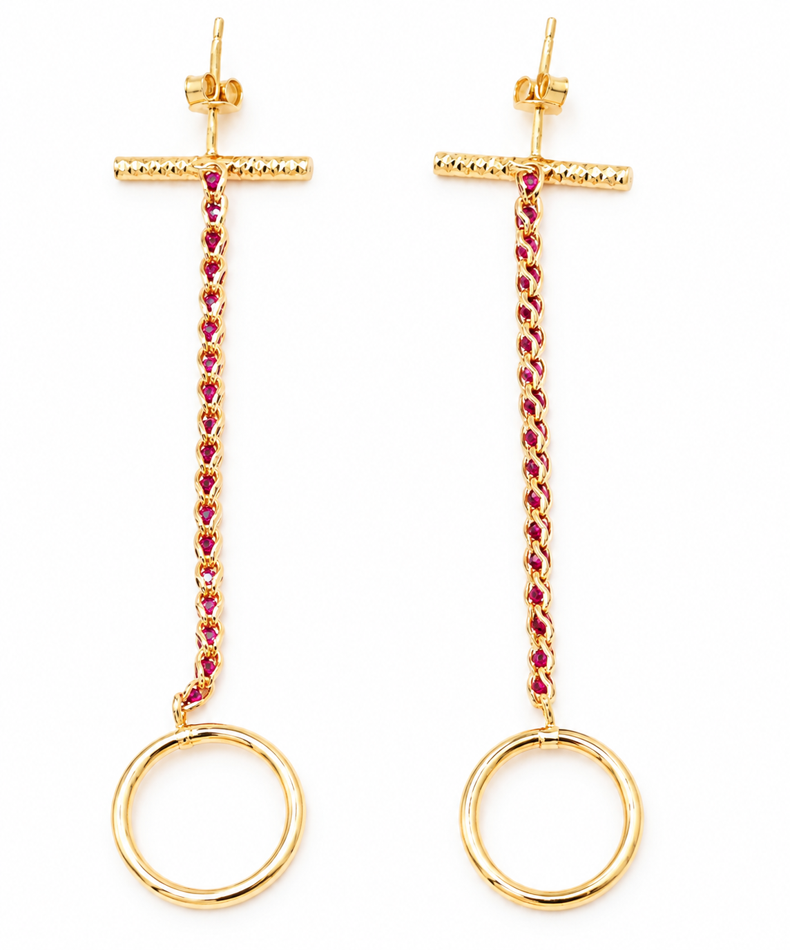 Estate 14k Yellow Gold Ruby Gemstone Dangle/Drop Earrings with rubies hanging from a crossbar to a circular gold hoop.