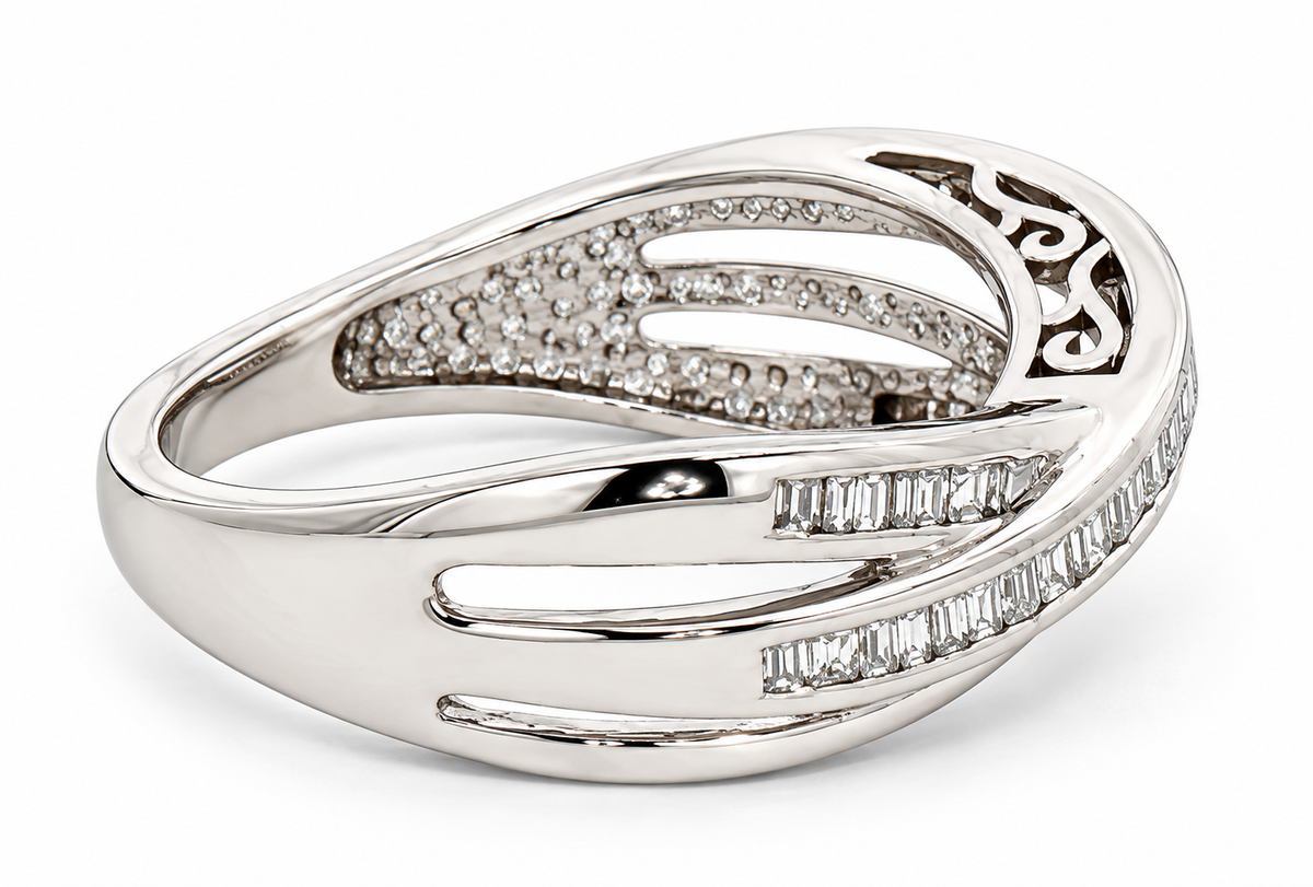 10K White Gold Diamond Crossover Ring by Kent Island Jewelry, with baguette diamonds and detailed inner band.
