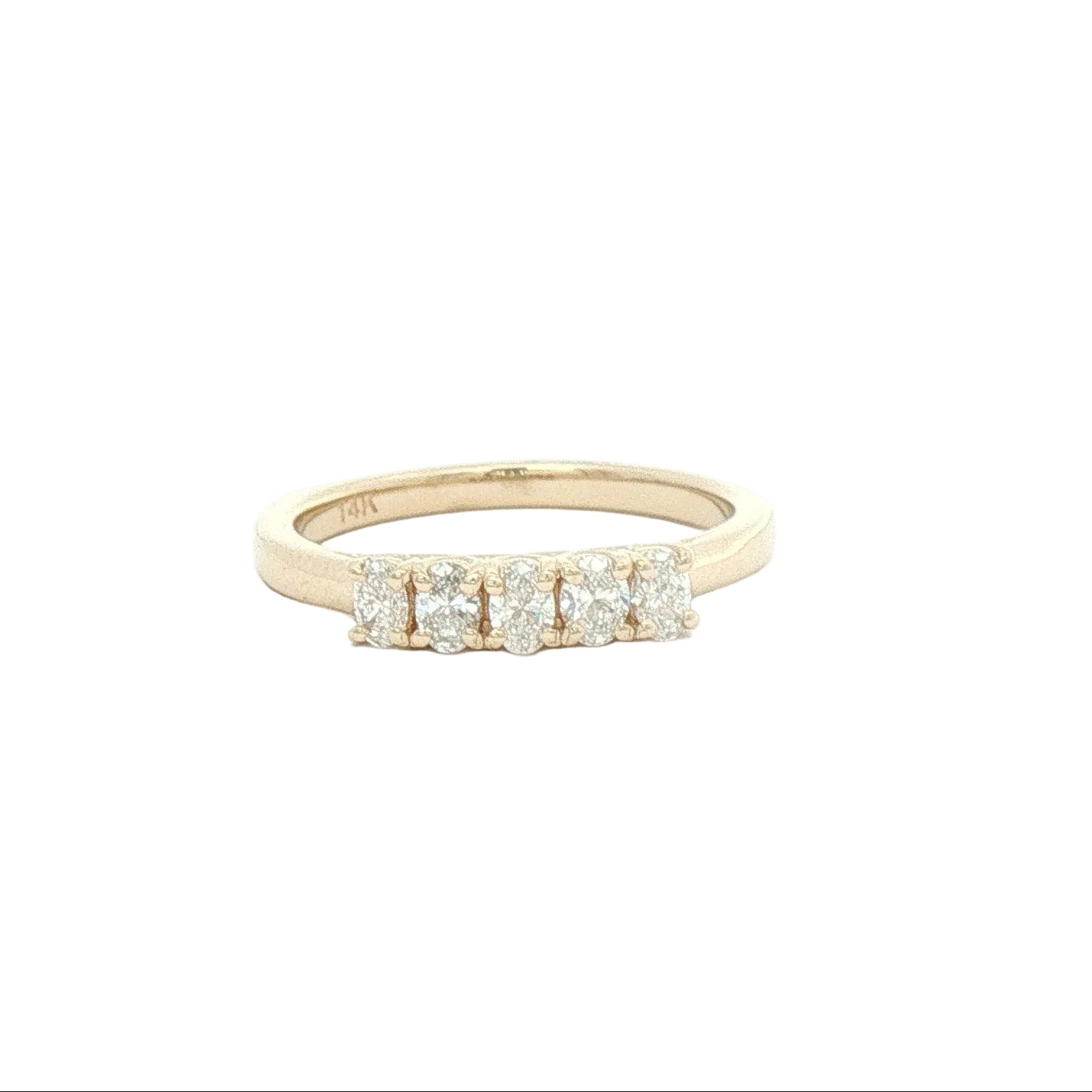 Yellow gold band with five lab-grown oval diamonds.