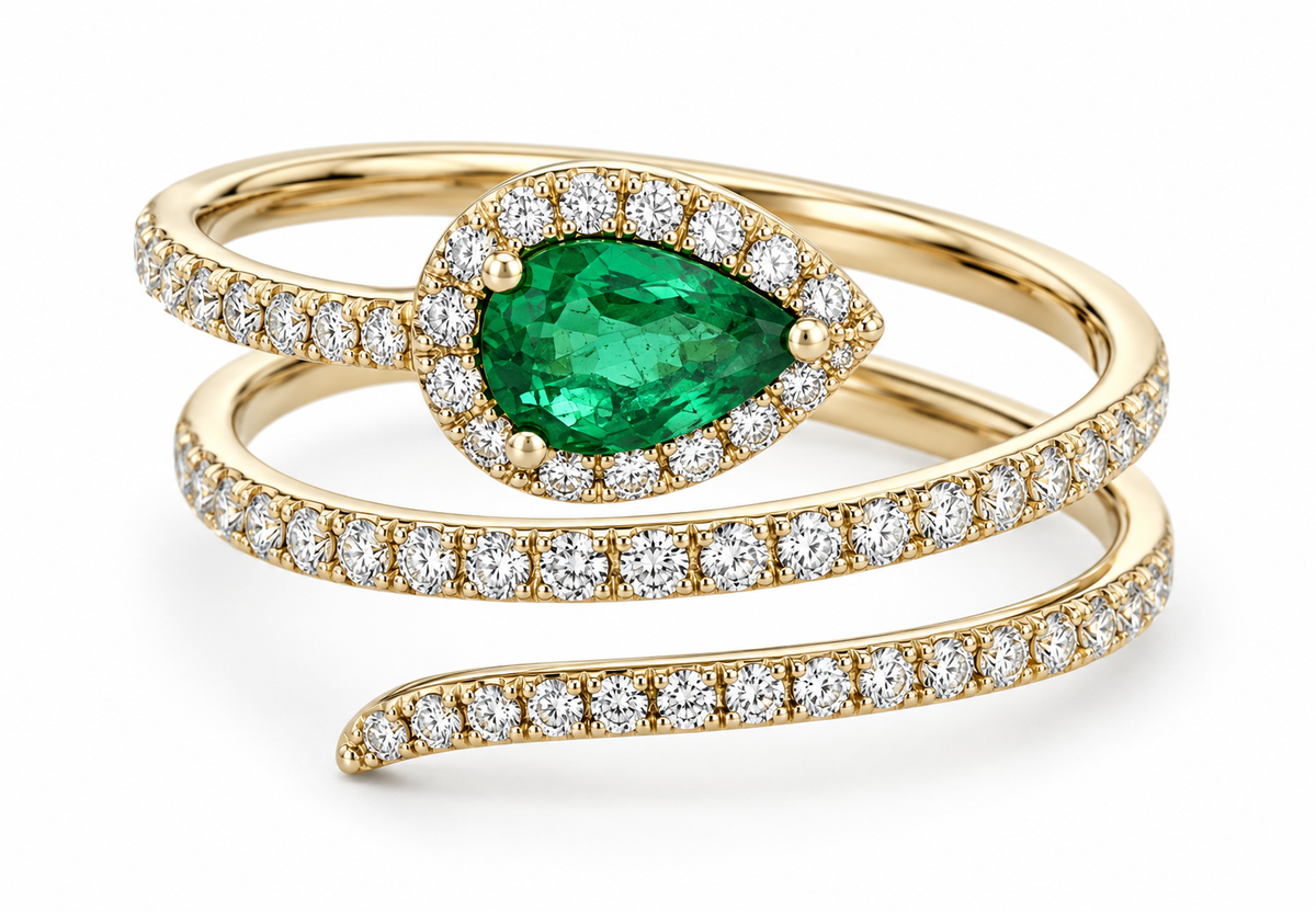 A gold ring featuring a large pear-cut green emerald center stone surrounded by a halo of small clear stones, with the band wrapped in rows of round diamonds on a white background.