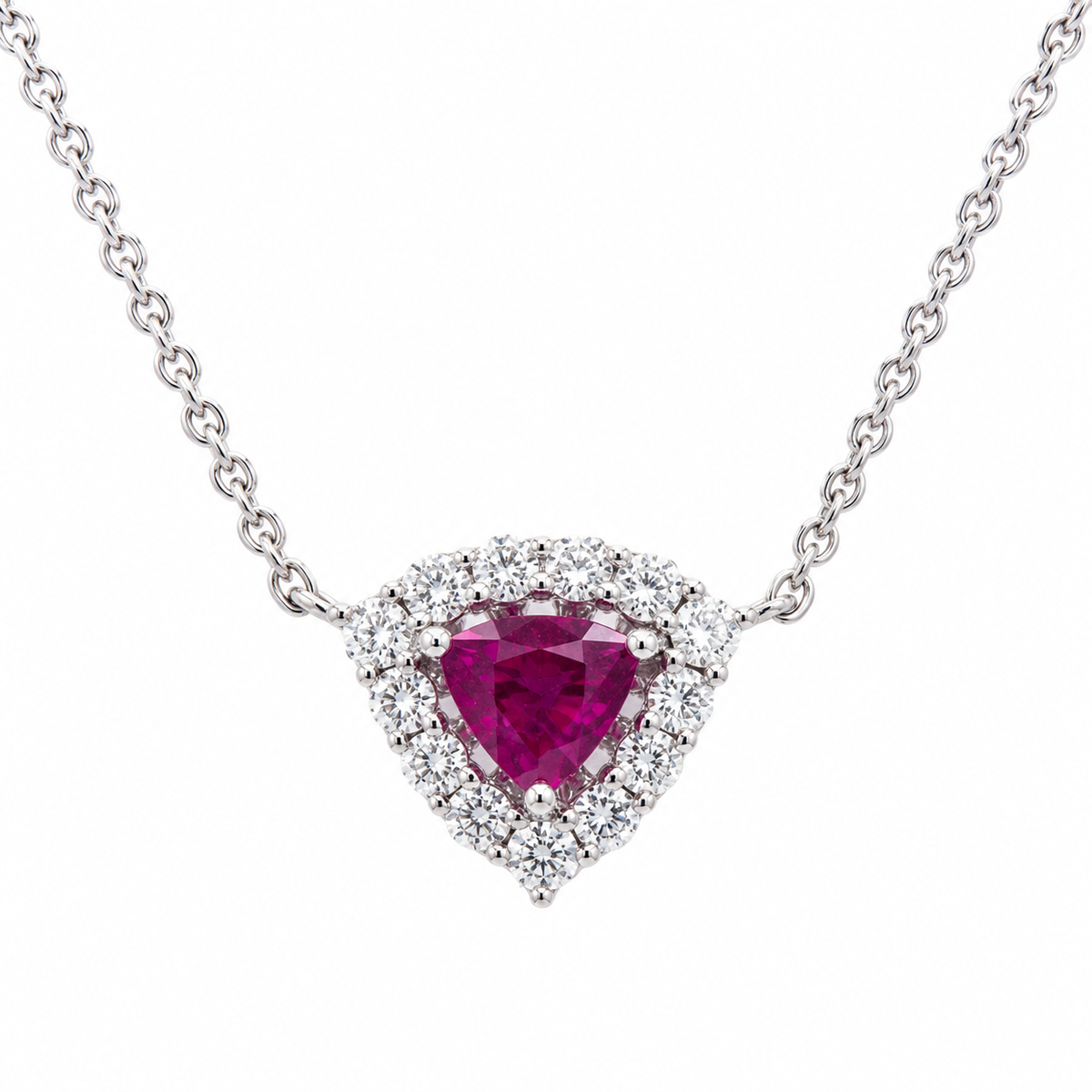 Kent Island Jewelry 14K WG Diamond & Ruby Necklace with a ruby center and diamond accents on a delicate chain.