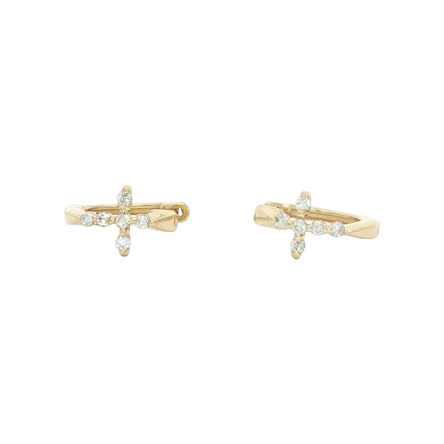 A pair of gold hoop earrings with small diamond clusters on the front, displayed on a clean white background.
