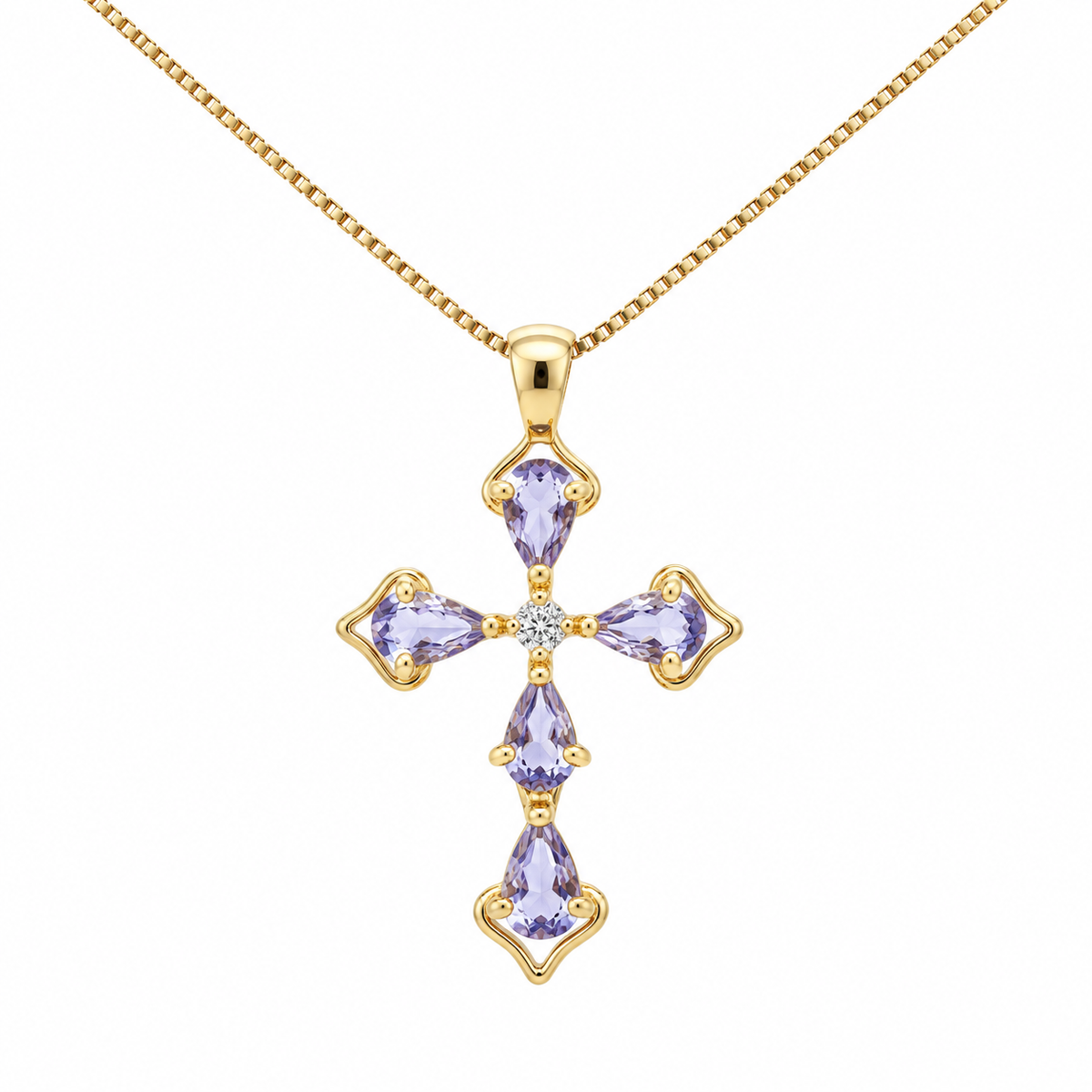 Kent Island Jewelry Estate 14K YG cross pendant with diamonds & amethyst on gold chain necklace.