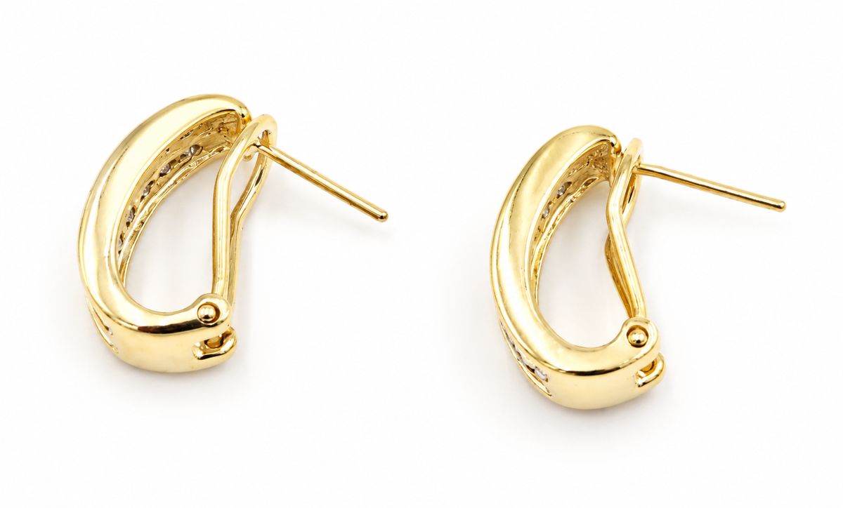 Estate 14k Yellow & White Gold Diamond Omega Back Earrings featuring diamond accents and secure omega back posts.