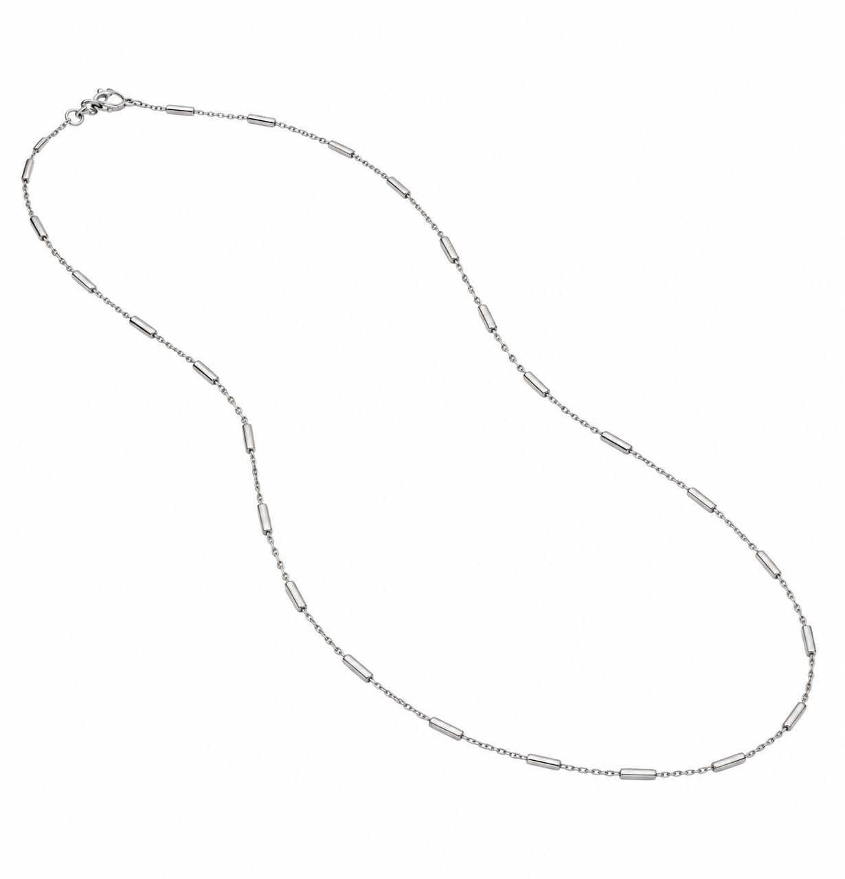 Midas 14K White Gold Bar Station Cable Chain necklace with oval and round links on a white background.