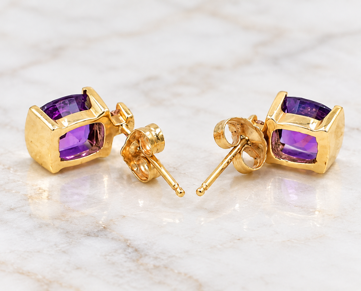 Kent Island Jewelry Estate 14K Yellow Gold Diamond & Amethyst Gemstone stud earrings with square-cut amethyst and backs.