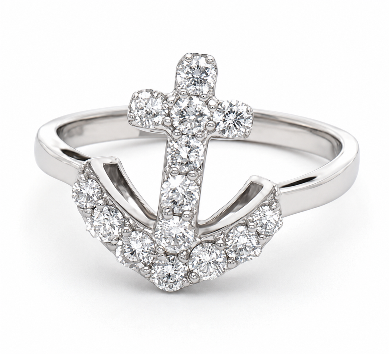 Heera Moti 14K White Gold Diamond Anchor Ring: Nautical style with sparkling diamonds on a sleek white gold band.