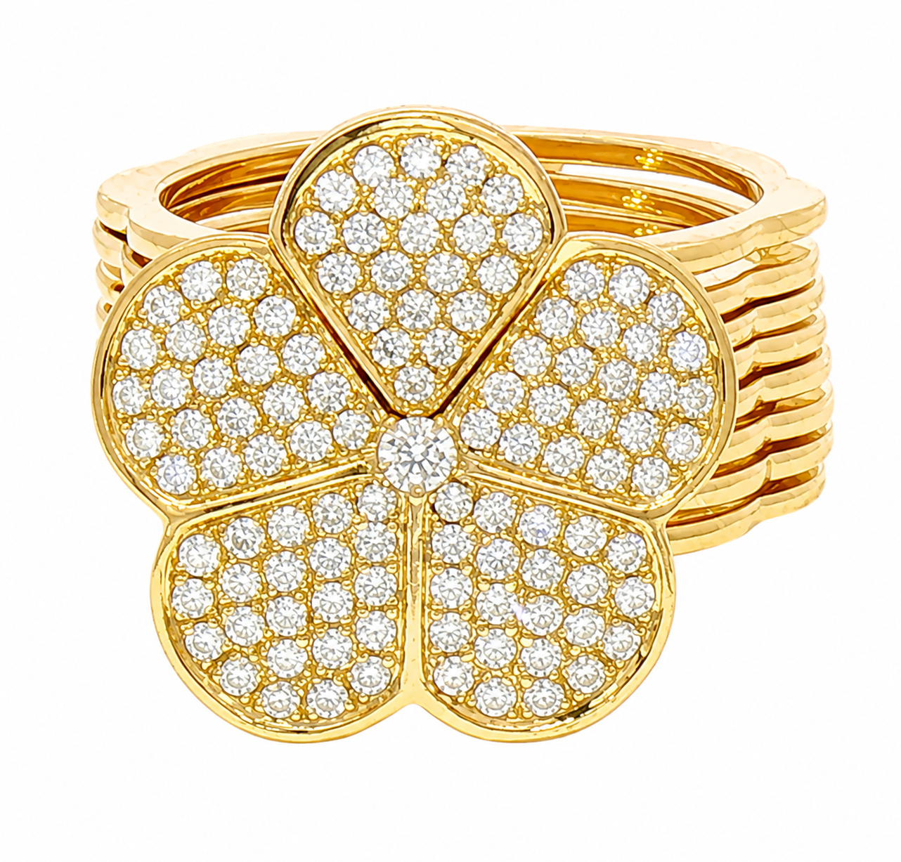 Afarin 18K Yellow Gold Flower Diamond Ring features a diamond-studded flower atop stacked gold bands.