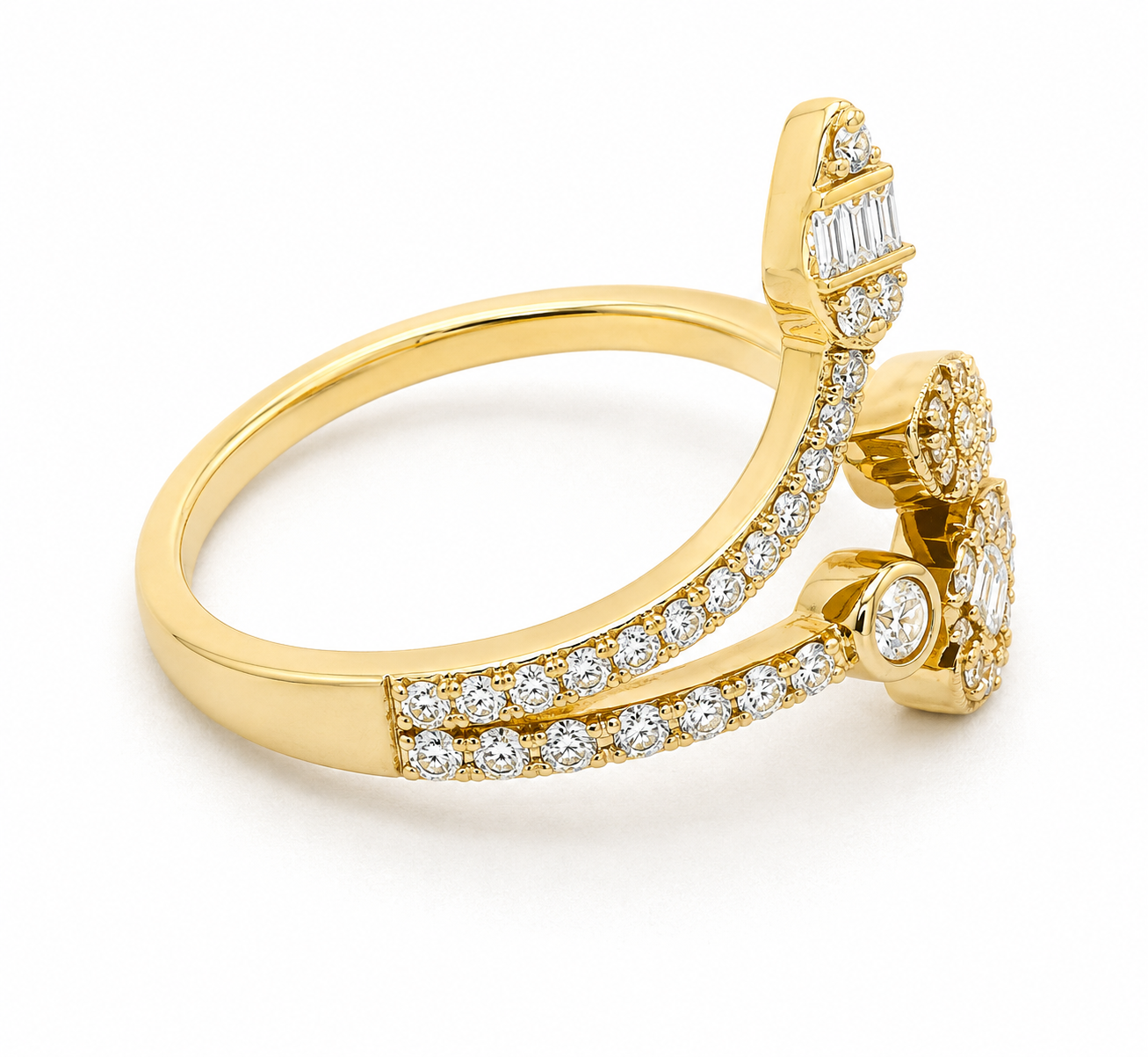 Roman & Jules 14K Yellow Gold Baguette & Round Diamond Bypass Ring with curved bands and diamond clusters.