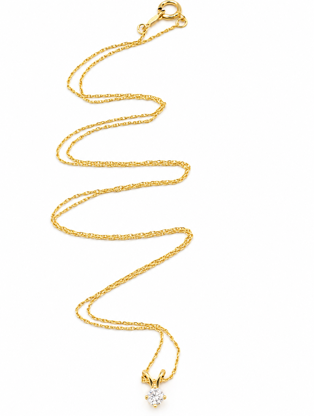 Estate 14k Yellow Gold Diamond Pendant Rope Chain Necklace featuring a single round diamond solitaire pendant.
