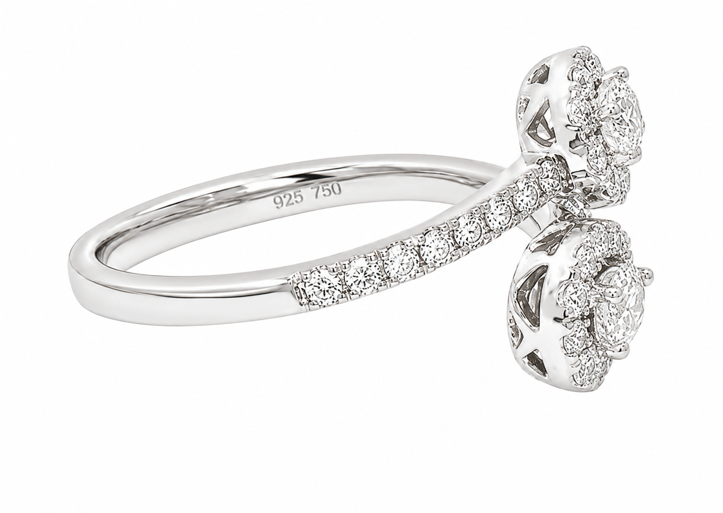 GBC, Inc. 18K White Gold Bypass Diamond Ring with two round clusters and shimmering accent diamonds.