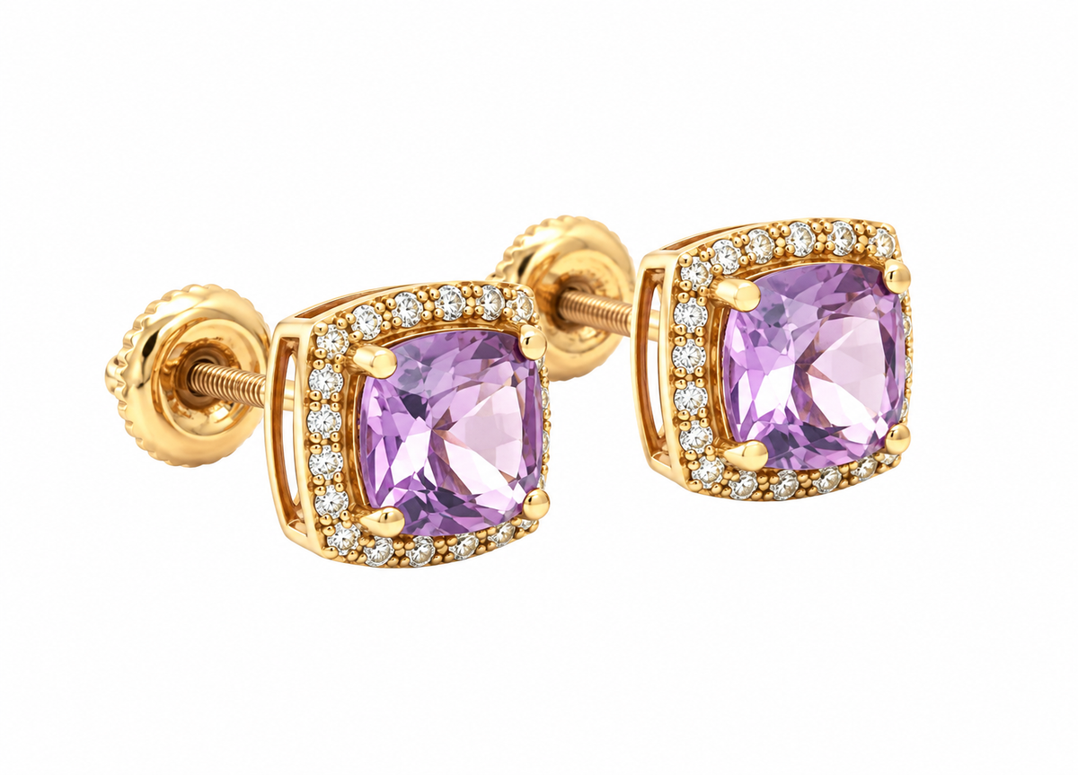 Kent Island Jewelry Estate 10K gold cushion-cut amethyst halo studs, elegant with clear accents.
