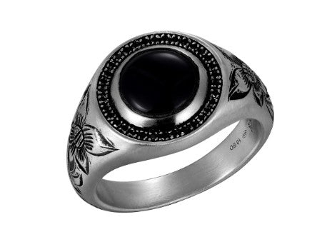 Alamea SS 925 Onyx Ring with black oval stone and floral band design, shown on a white background.