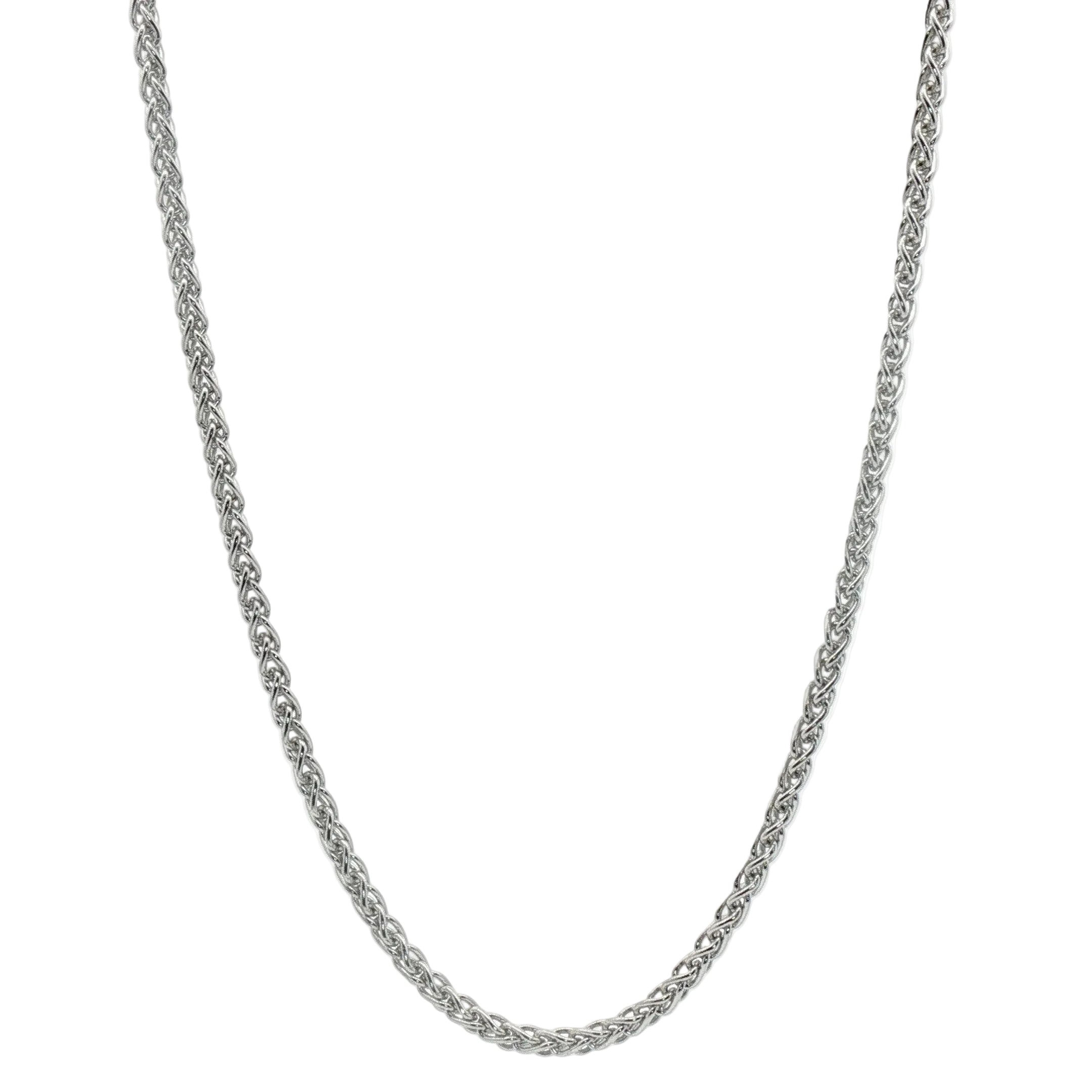 QG SS rhodium-plated 2.4mm wheat chain necklace, 18", displayed on a white background.