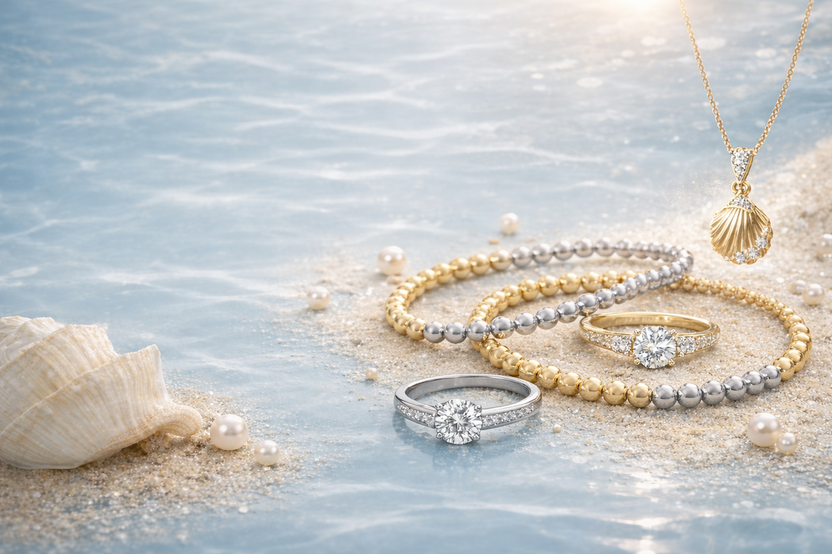 Jewelry set including rings and a necklace on a sandy surface with shells.