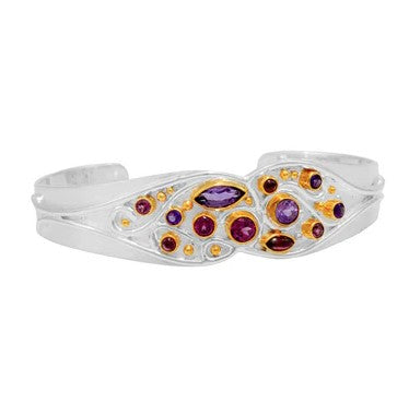 The Michou SS Cuff features African Amethyst, red gemstones, and 22K gold vermeil accents in varied shapes.