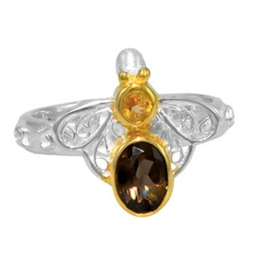 Michou SS and 22K bee ring with citrine and smokey quartz gemstones on body and head.