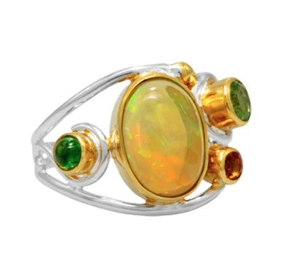 Michou OOAK SS Ring features Ethiopian Opal, Citrine, Chrome Diopside & Peridot in elegant mixed-metal settings.