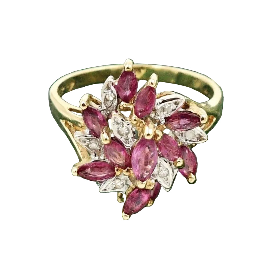 Estate 10k YG diamond (.04tcw) & ruby cocktail ring by Kent Island Jewelry in a floral cluster design.
