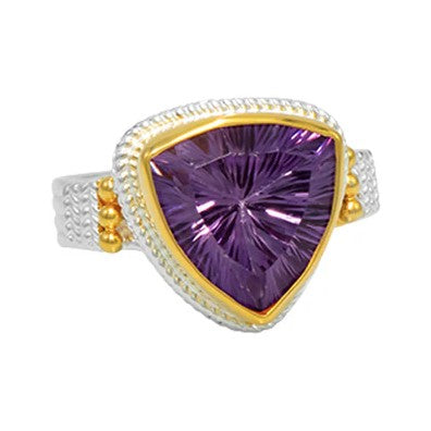 The Michou SS & 22K Gold Vermeil African Amethyst OOAK ring features a triangular stone and textured detailing.