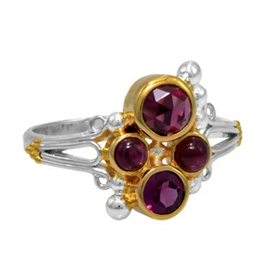 Michou SS & 22K Gold Vermeil ring features four round red stones in gold bezels with cluster accents.