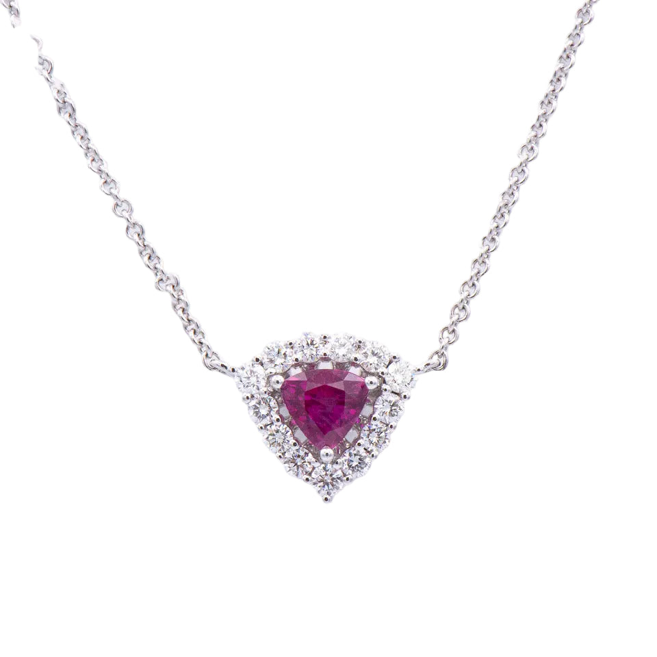 Kent Island Jewelry 14K WG Diamond & Ruby Necklace featuring a heart-shaped ruby and sparkling diamonds.