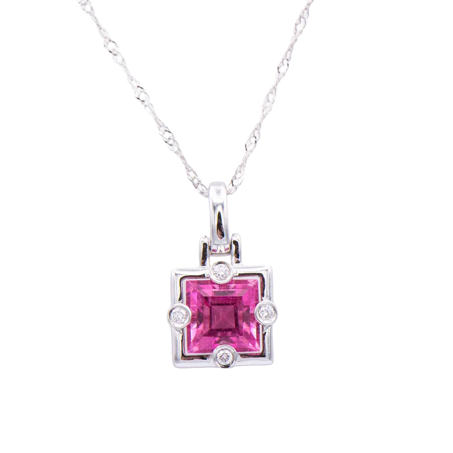 Kent Island Jewelry 14K white gold necklace with a square pink tourmaline and diamond accents.