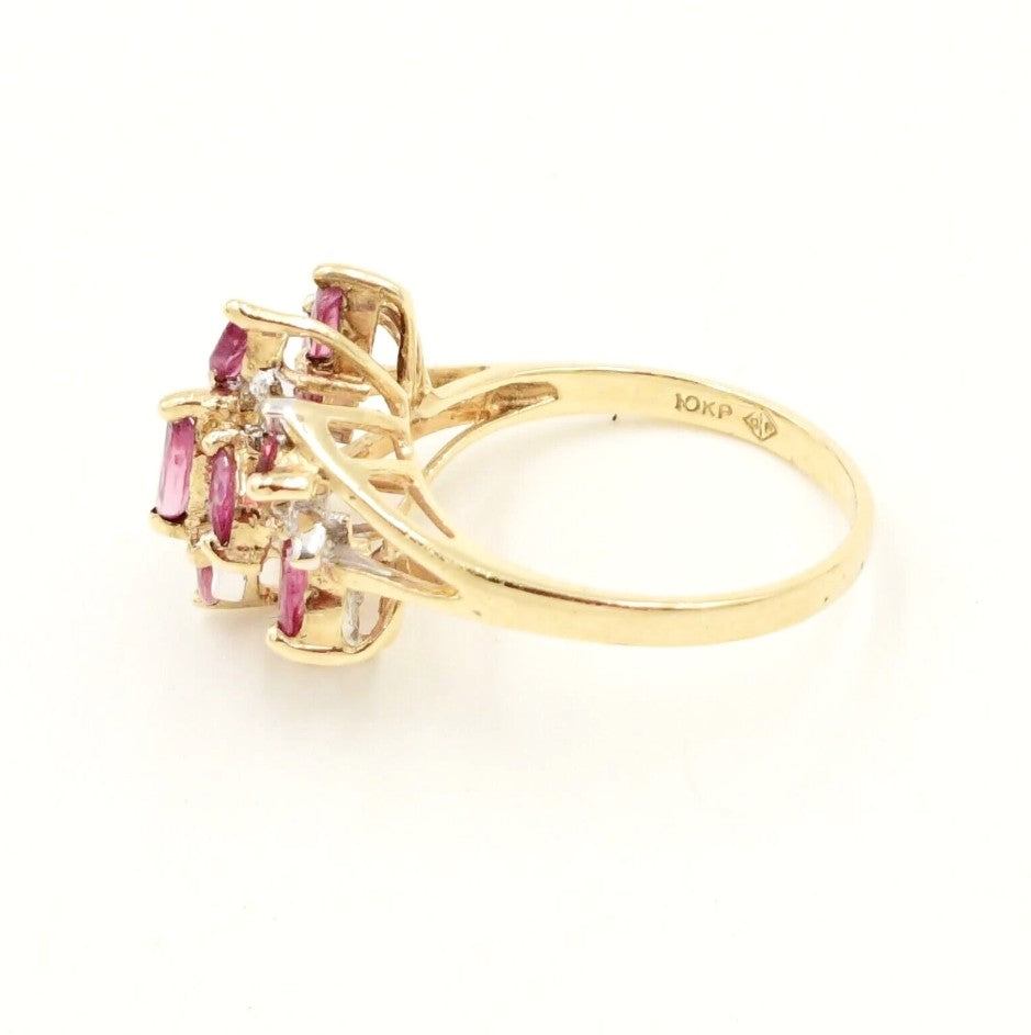 Kent Island Jewelry Estate 10k yellow gold diamond (.04tcw) & ruby cocktail ring, marked 10KP.