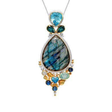 Michou OOAK sterling silver pendant with aqua, baby blue topaz, green quartz & kyanite gemstones.