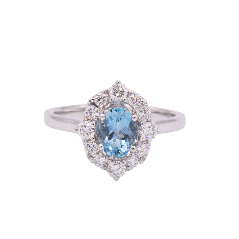 Kent Island Jewelry 18K white gold aquamarine & diamond halo ring, vintage-inspired floral statement design.