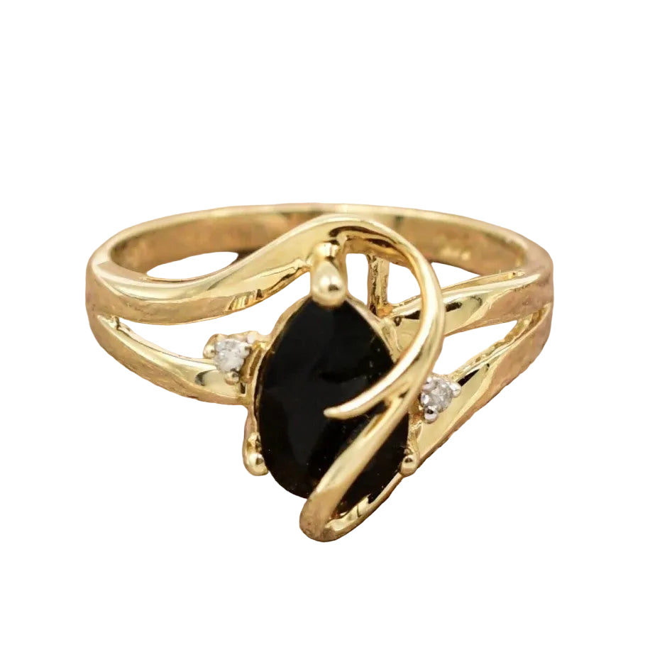 Kent Island Jewelry Estate 14k yellow gold swirl ring with .02ctw diamonds and onyx marquise stone.