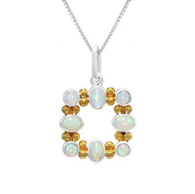 The Michou SS P w Ethiopian Opal features a square opal pendant with yellow gems and 22K gold vermeil accents.