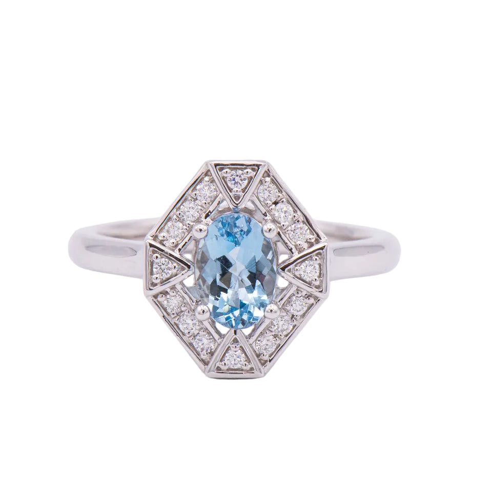 Kent Island Jewelry 14K White Gold Aquamarine & Diamond Geometric Halo Ring with a vintage-inspired octagonal setting.