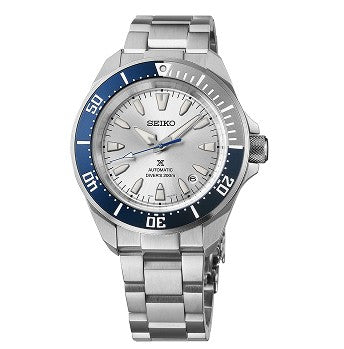 Seiko watch with silver and blue design on a white background