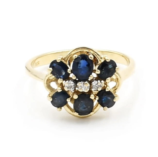 Kent Island Jewelry Estate 14K yellow gold ring with blue sapphires and diamonds in a floral cluster design.