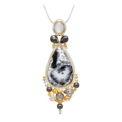 Michou OOAK SS necklace features hematite, tour quartz, and moonstone in a gold vermeil pendant with silver accents.