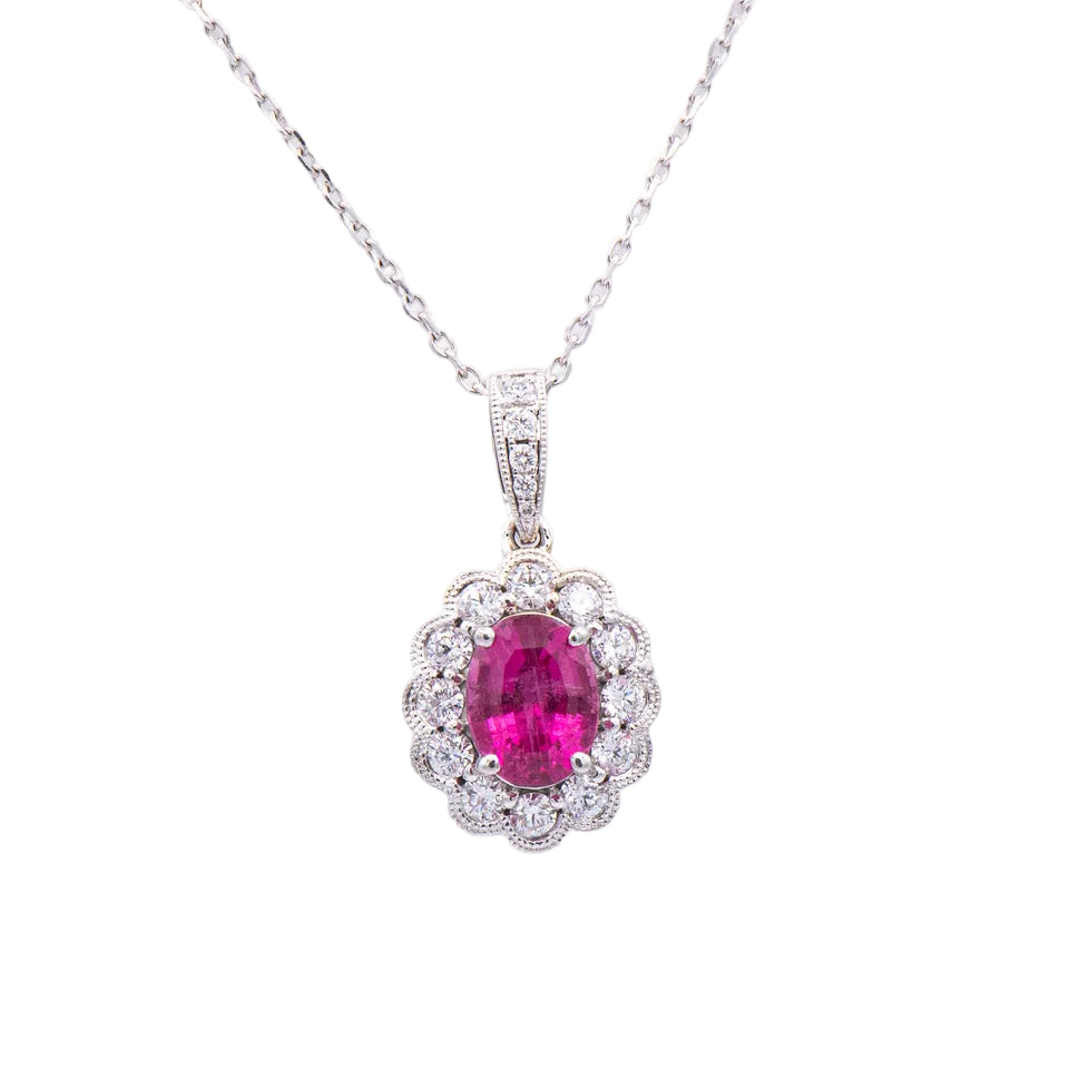 Kent Island Jewelry 14K white gold necklace with pink tourmaline & diamond halo vintage-style pendant.