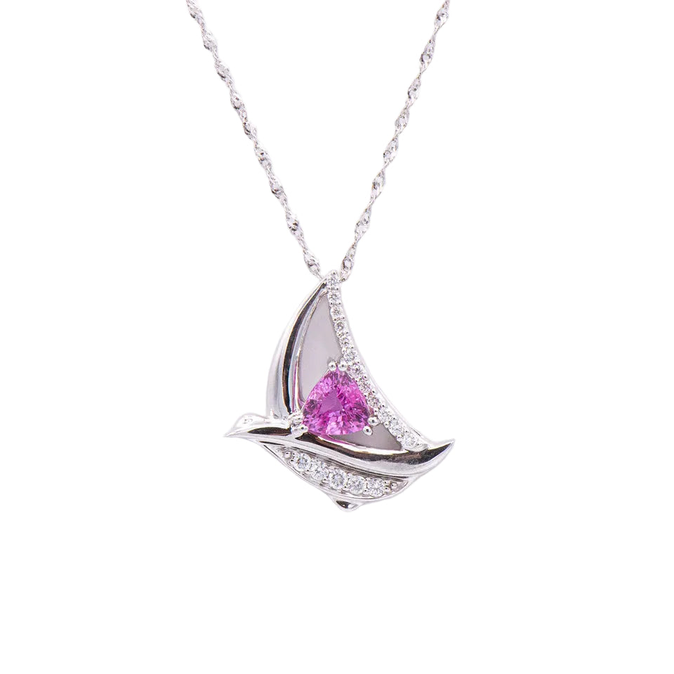 Kent Island Jewelry 14K white gold sailboat necklace with pink topaz & diamonds on a twisted chain.