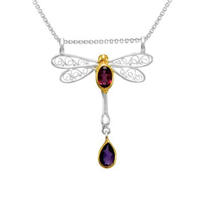 Michou SS & 22K gold vermeil necklace with amethyst & rhodolite garnet accents, silver filigree dragonfly pendant.