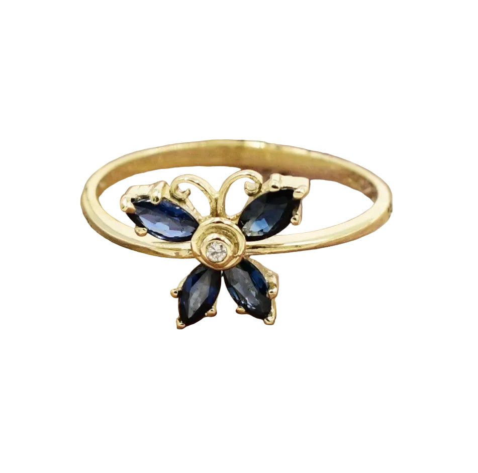 Kent Island Jewelry Estate 14k YG ring with .01tcw diamond, blue spinel butterfly design.
