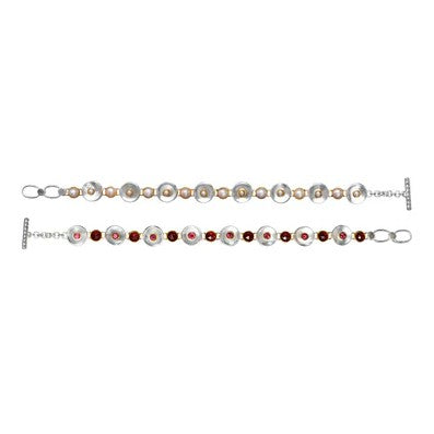 Two Michou charm bracelets: sterling silver & 22K gold vermeil with garnet, rhodolite garnet, and white freshwater pearl.