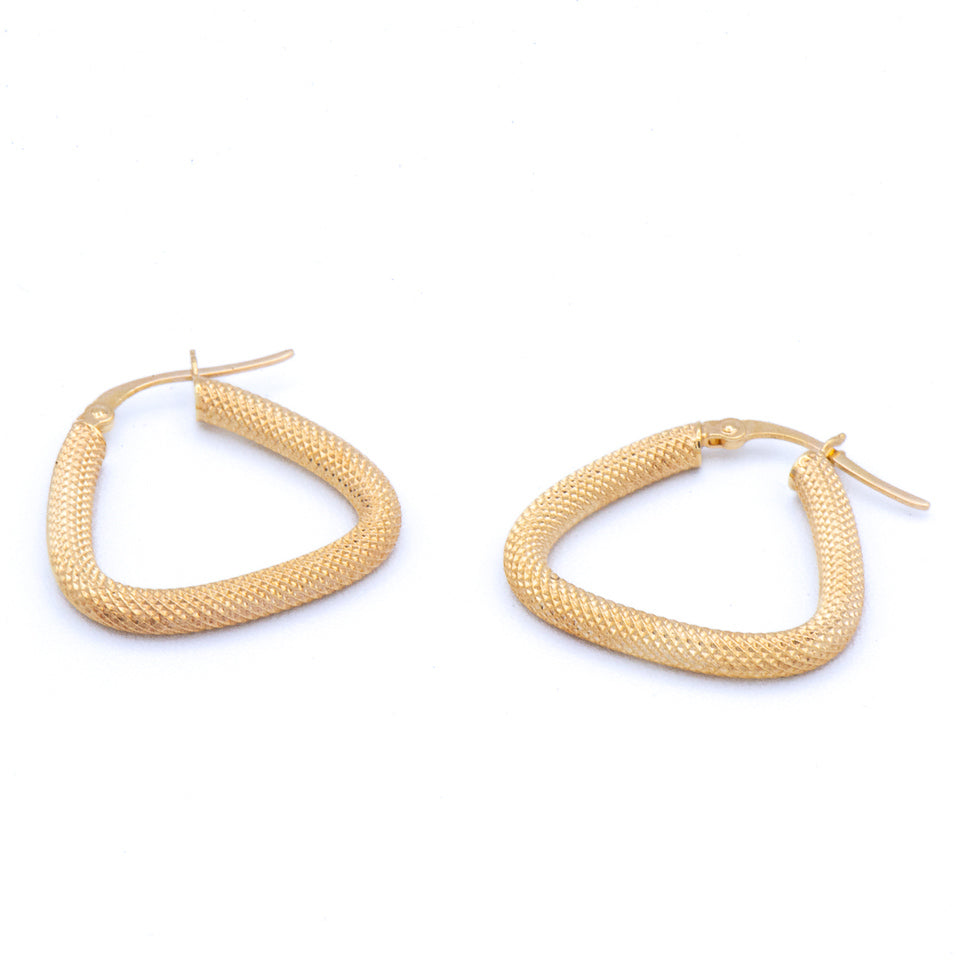 Estate 14K yellow gold textured triangular hoop earrings by Kent Island Jewelry on a white background.