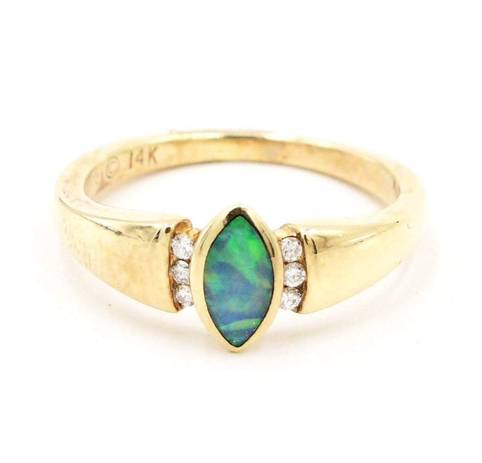 Estate 14k YG Kabana Australian Opal & .03tcw diamond ring by Kent Island Jewelry.