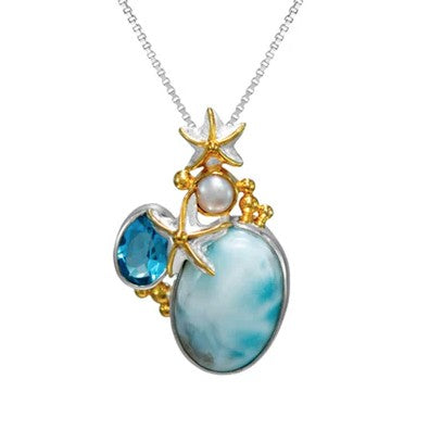 Michou SS & 22K Gold Vermeil Pendant with Larimar, pearl, gold starfish, and silver chain in an ocean-inspired design.