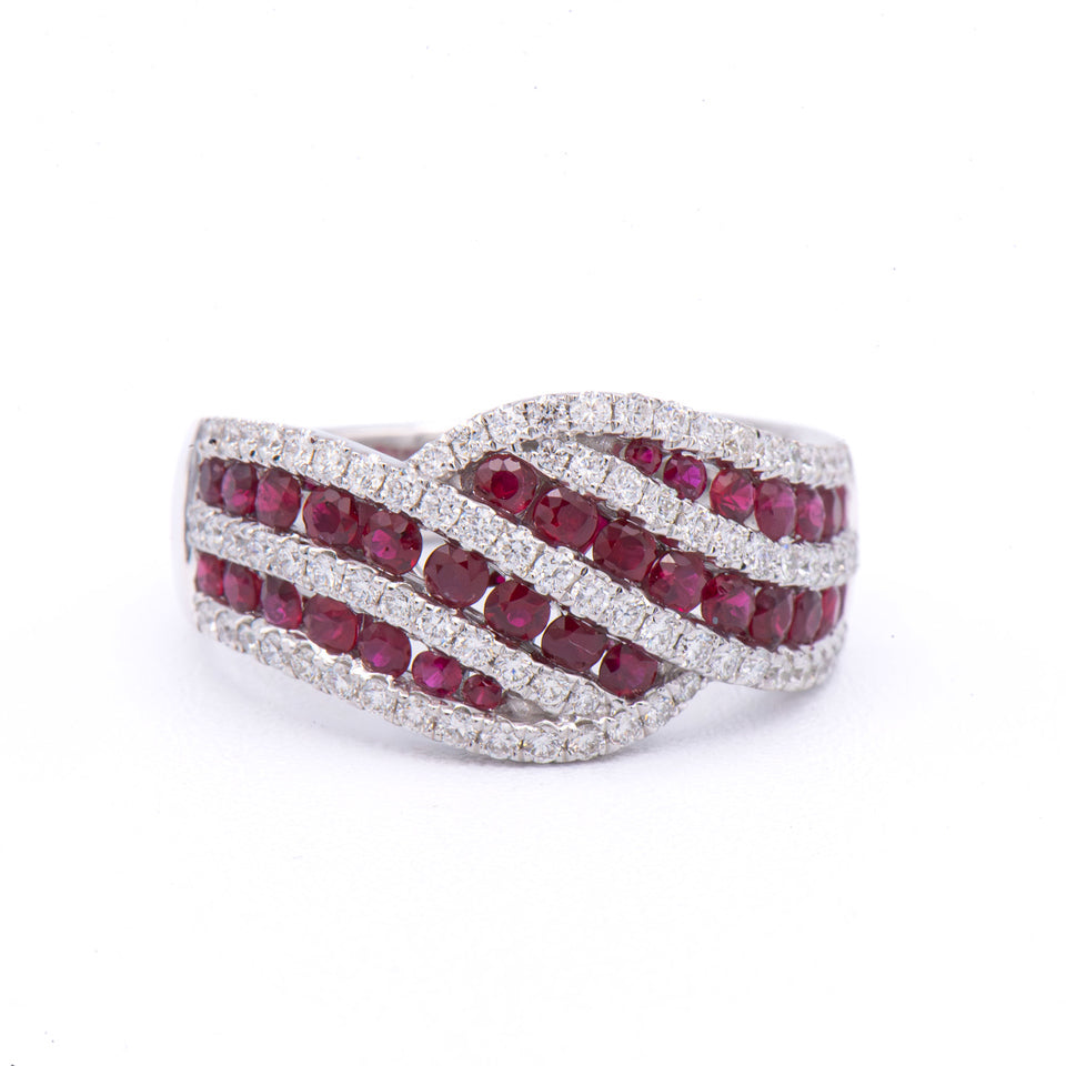 Roman & Jules 14K white gold band ring with three wavy rows of rubies and diamonds.