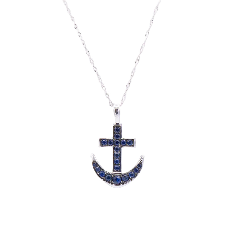 Alamea 14K Sapphire Anchor Pendant with Chain, featuring blue gemstones, makes stunning nautical jewelry.