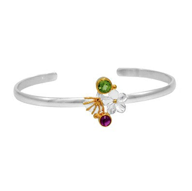 Michou M. Cuff Rhod Garn & Peridot: Sterling silver cuff with gold flower, peridot, rhodolite garnet & gold leaf detail.