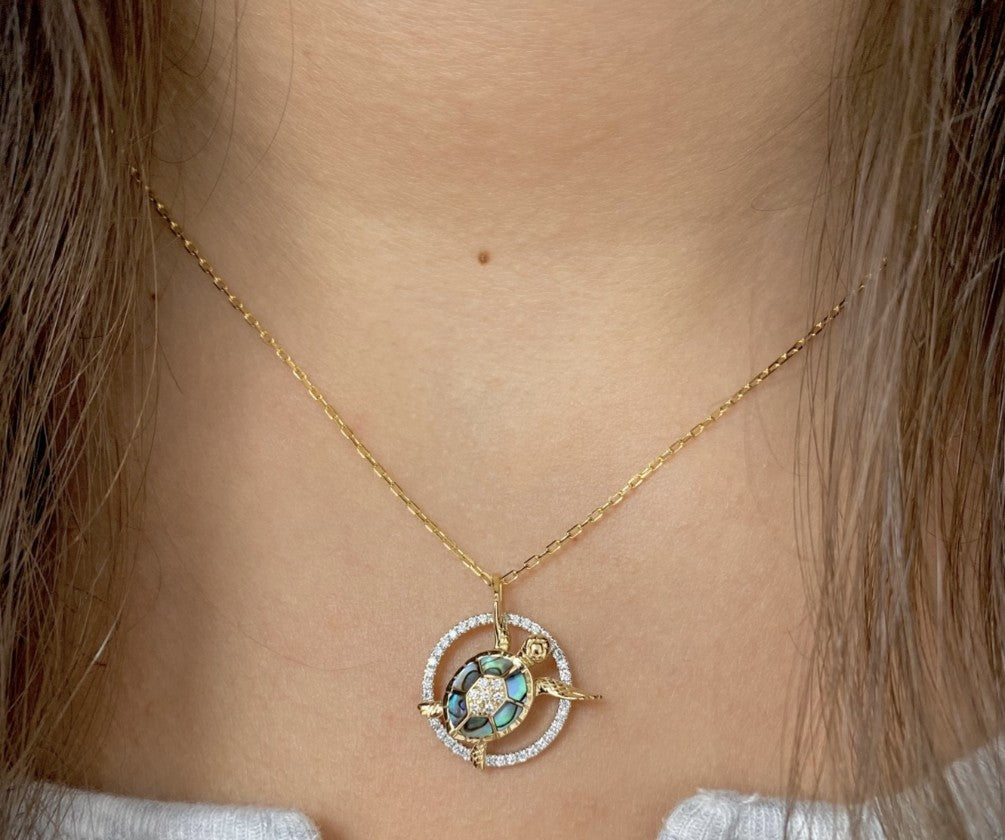 Necklace with a circular pendant featuring a turtle design.