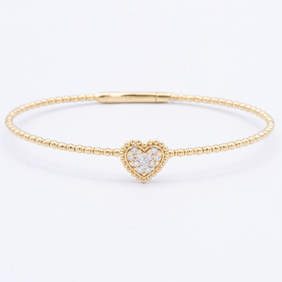 Epoque Jewelry 14k. Diamond Heart Flex Bangle Bracelet with heart charm, shown on white background.